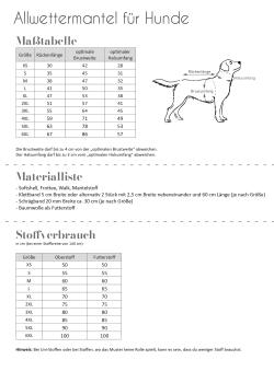 Tabellen Papierschnittmuster - Allwettermantel Hunde, Fadenkäfer